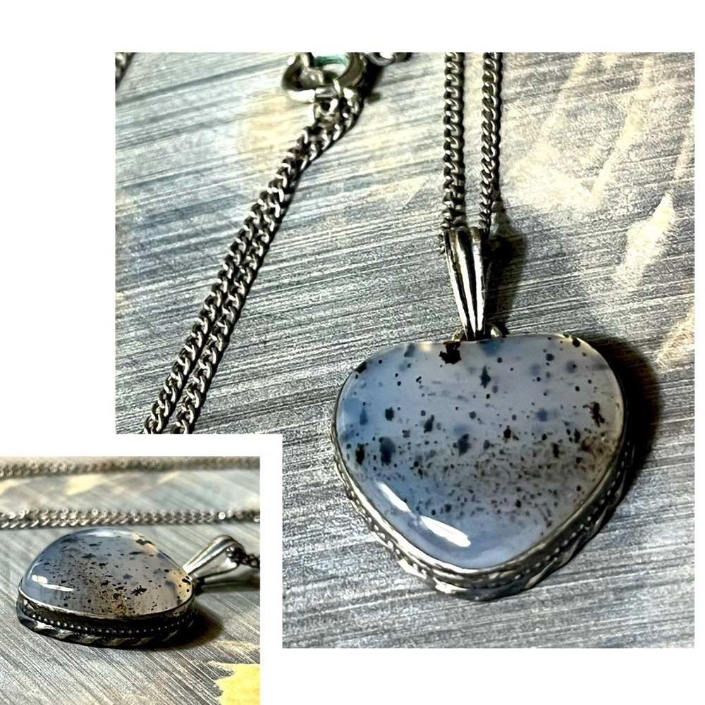🖤 Dalmation Black Spotted Quartz Heart Sterling Silver Pendant Necklace